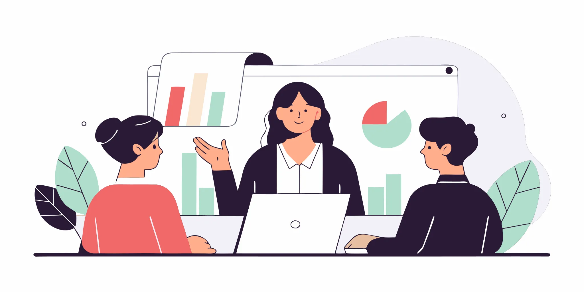 Professional manager leading a team meeting with holographic AI coaching interface