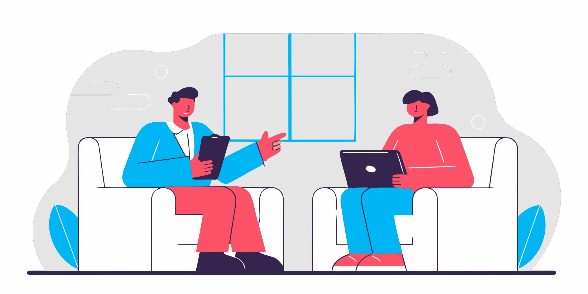 Two managers having a productive coaching conversation in a bright modern office with one reviewing digital leadership tips