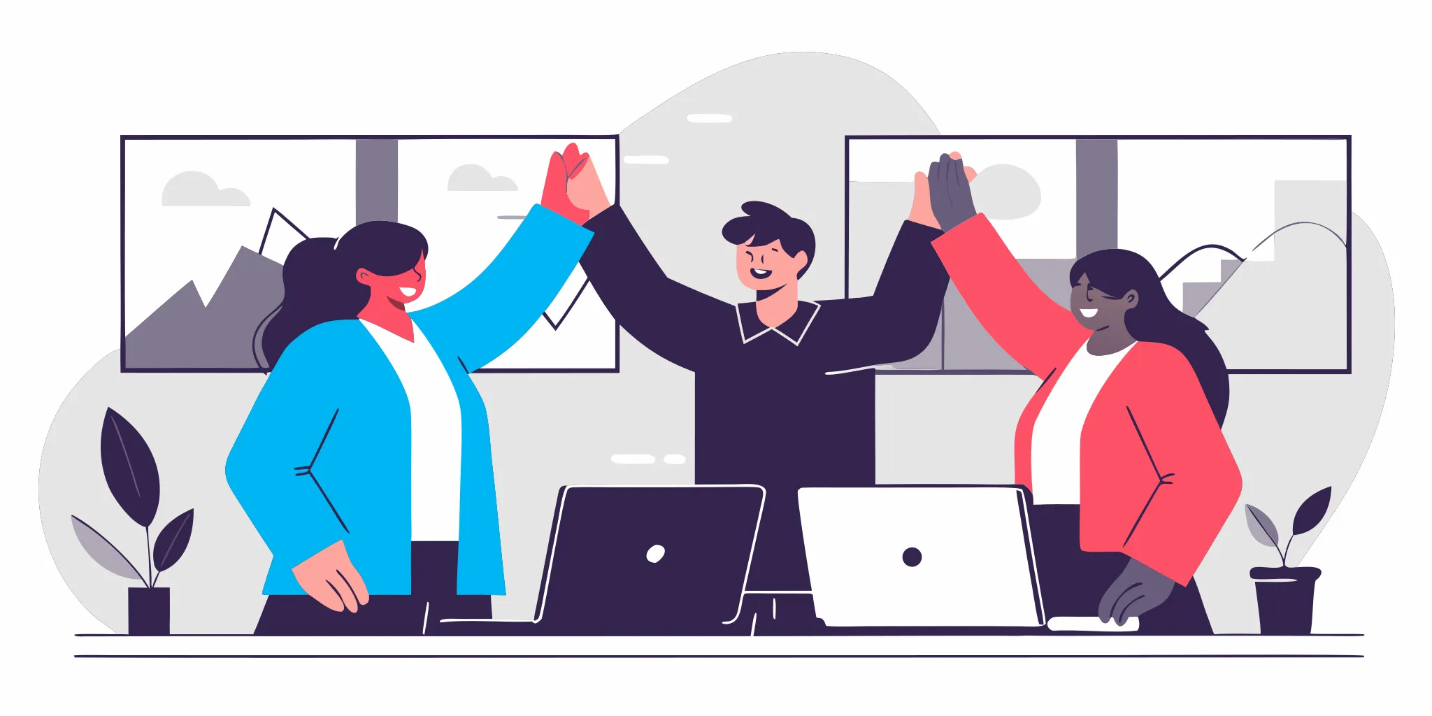 A diverse team of professionals collaborating and celebrating success, representing the peer learning group model central to microlearning for managers