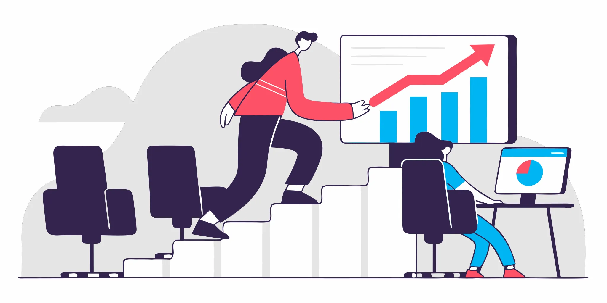 Illustration of a professional climbing steps toward leadership development goals with team support indicators