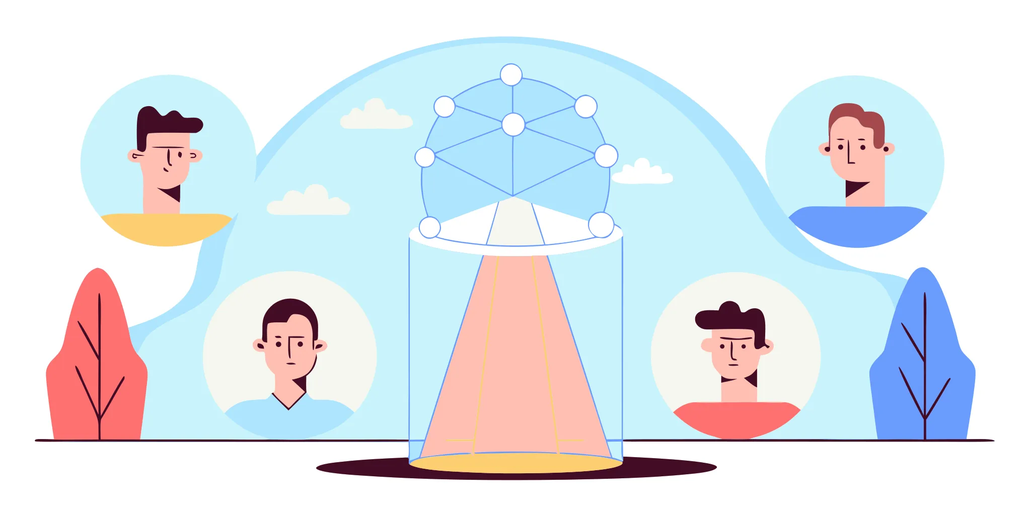 Diagram of a leadership style assessment for managers, with diverse avatars connected in a team network.