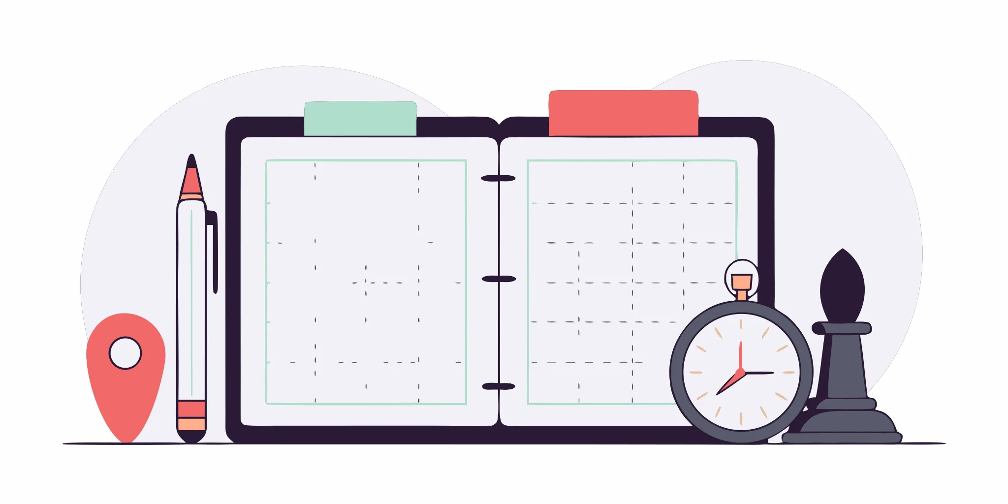 Open planner with a clock and chess piece for daily leadership tips for managers.