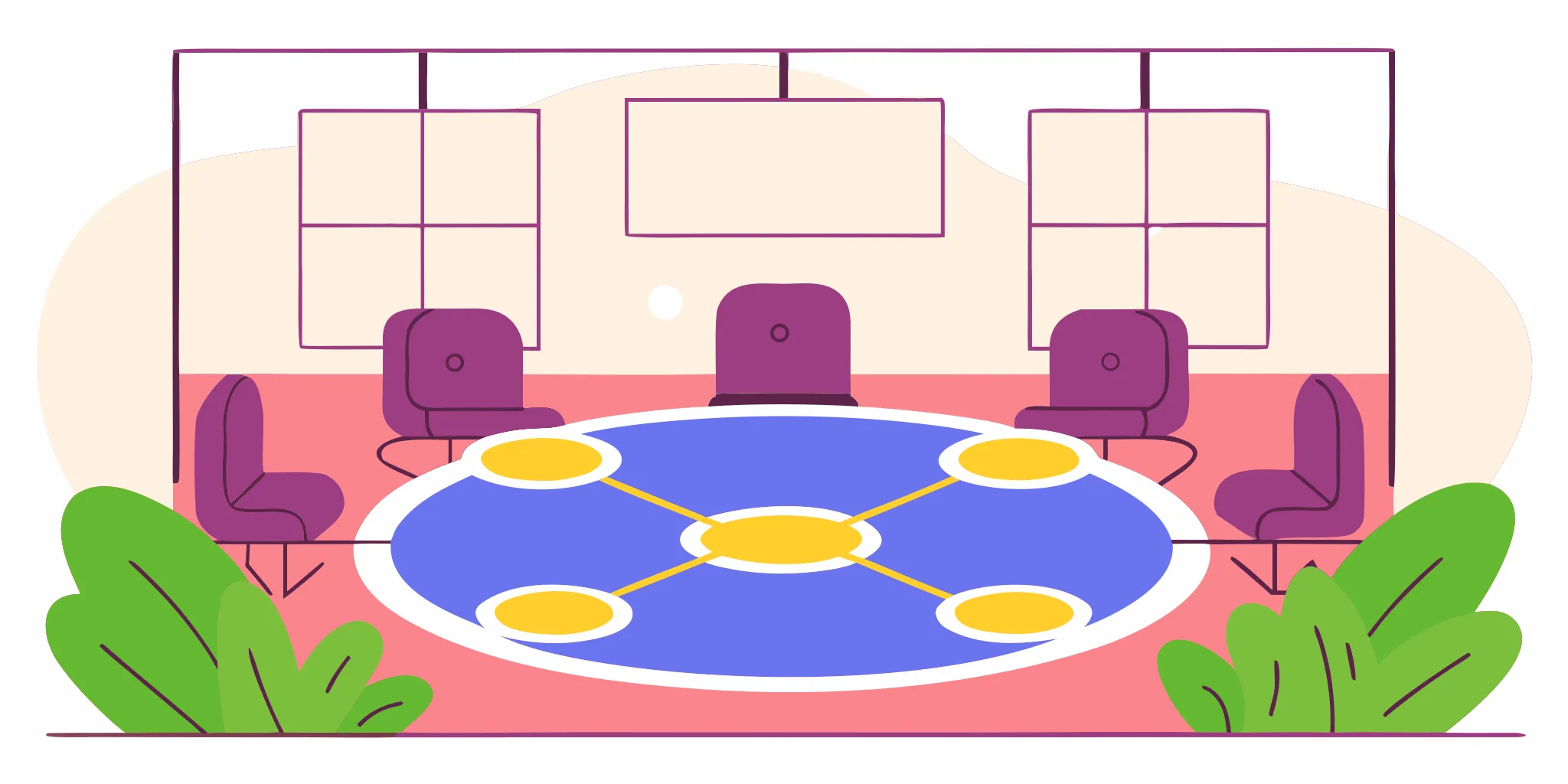 A round table in a meeting room where a manager can improve team communication.