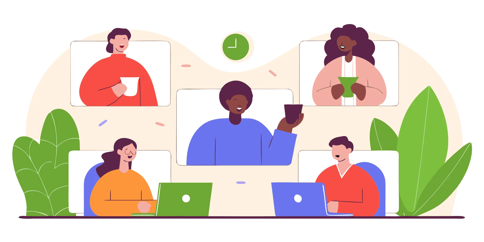 Remote professionals collaborating across time zones on a video call in a modern home office setting