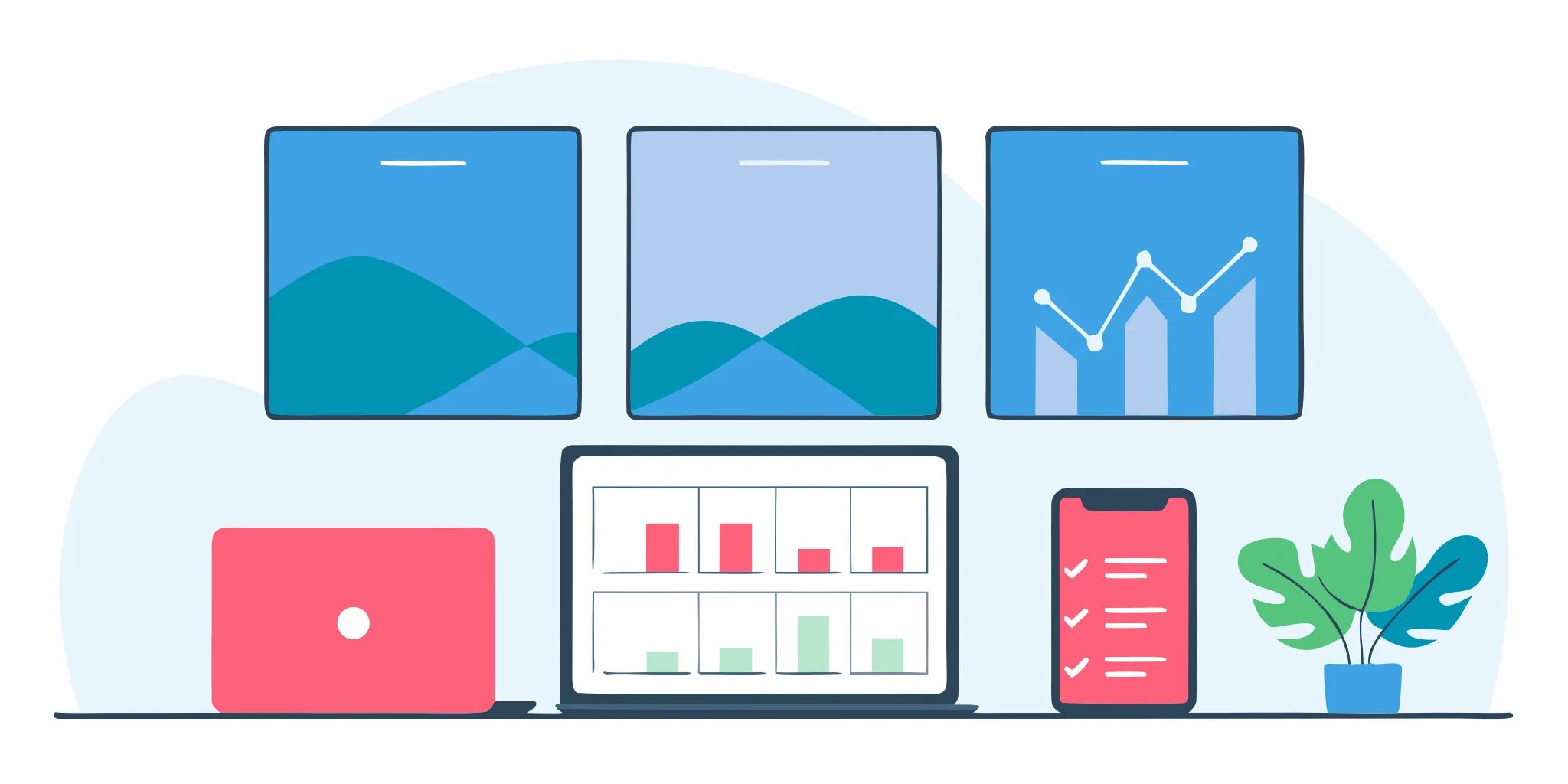 A manager coaching app for startups displaying performance analytics on a laptop and phone.