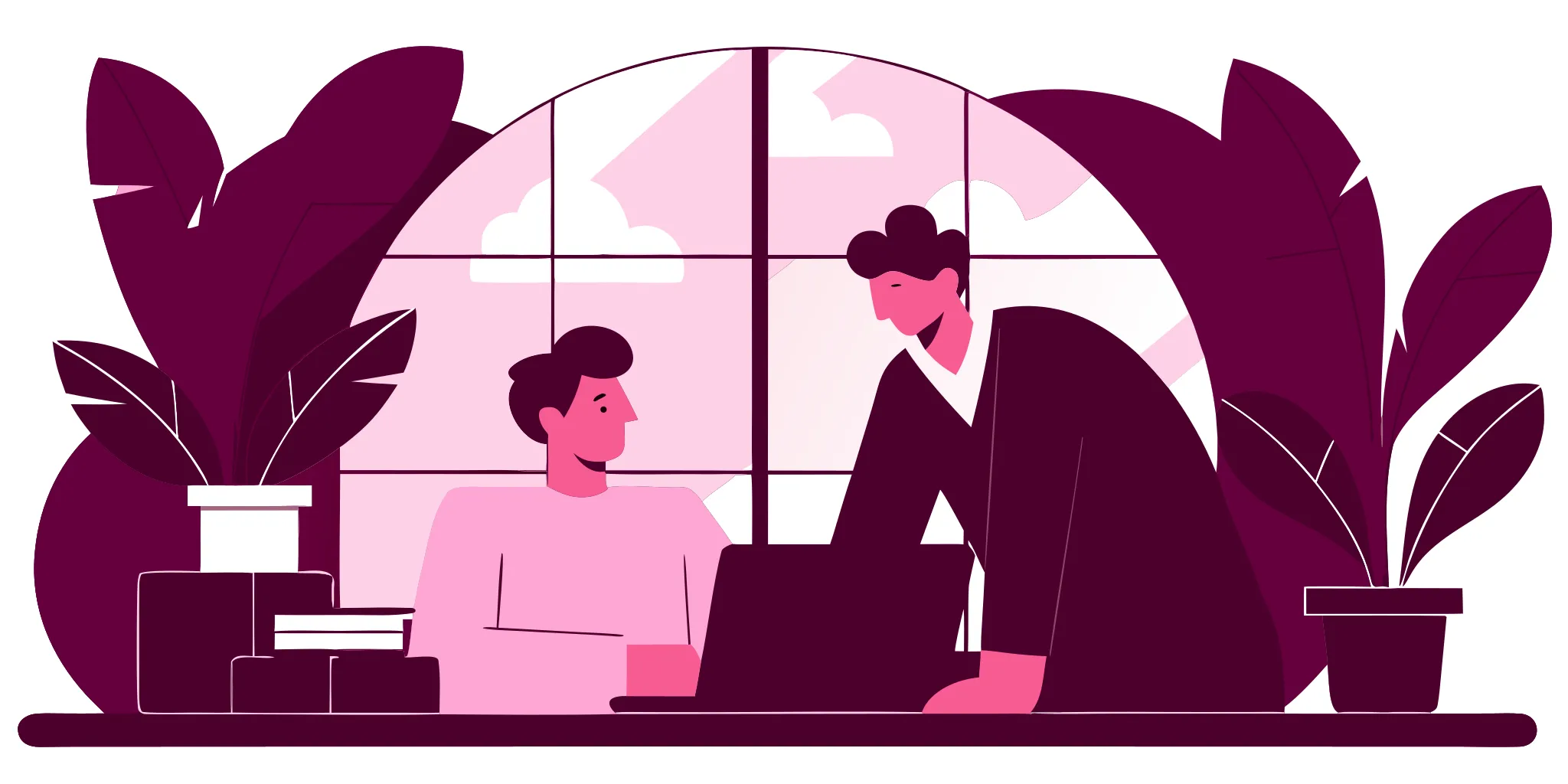 Manager having a supportive coaching conversation with a team member in a modern office