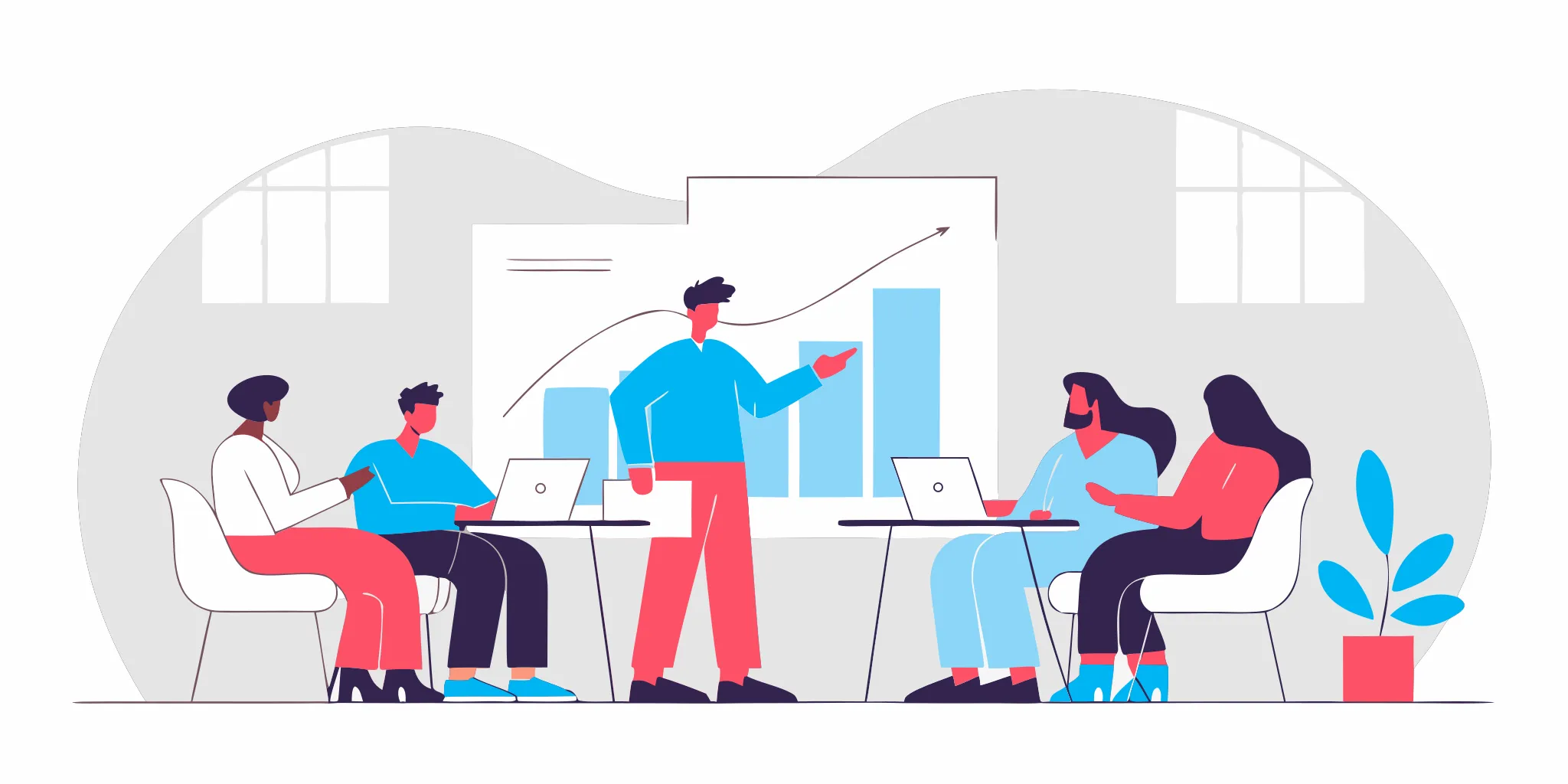 Confident manager presenting growth metrics to their team in a modern collaborative office
