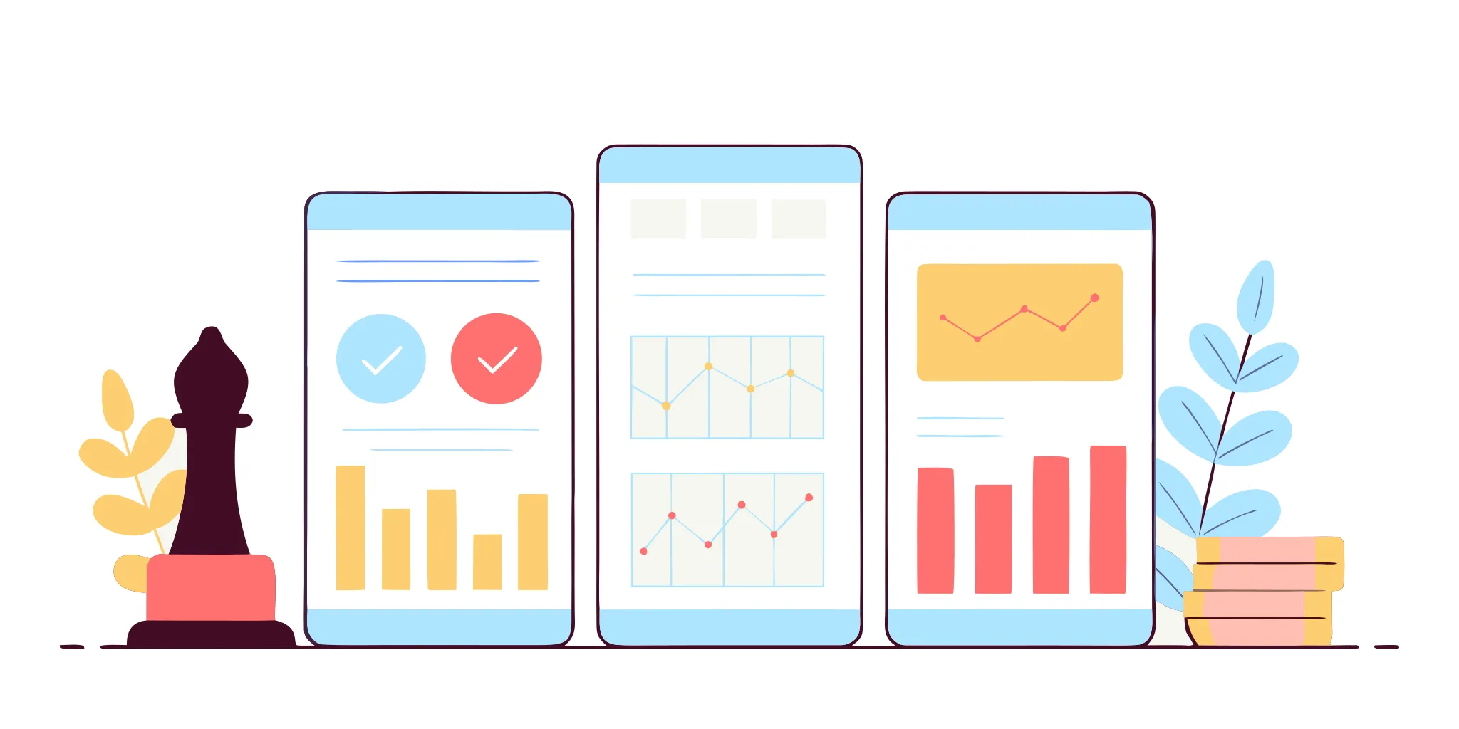 A smartphone displays an affordable leadership coaching app with analytics and progress charts.