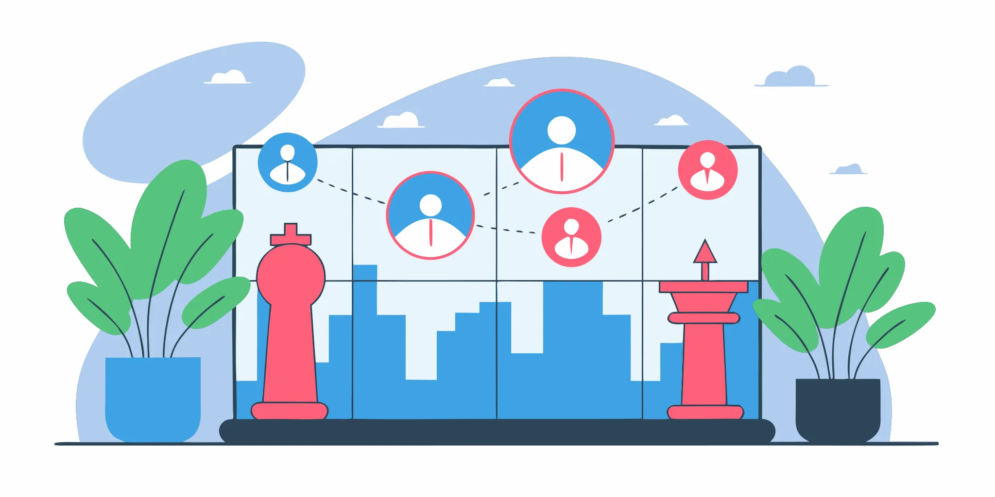 AI executive coaching alternative with chess pieces and user icons on a digital interface for leadership.