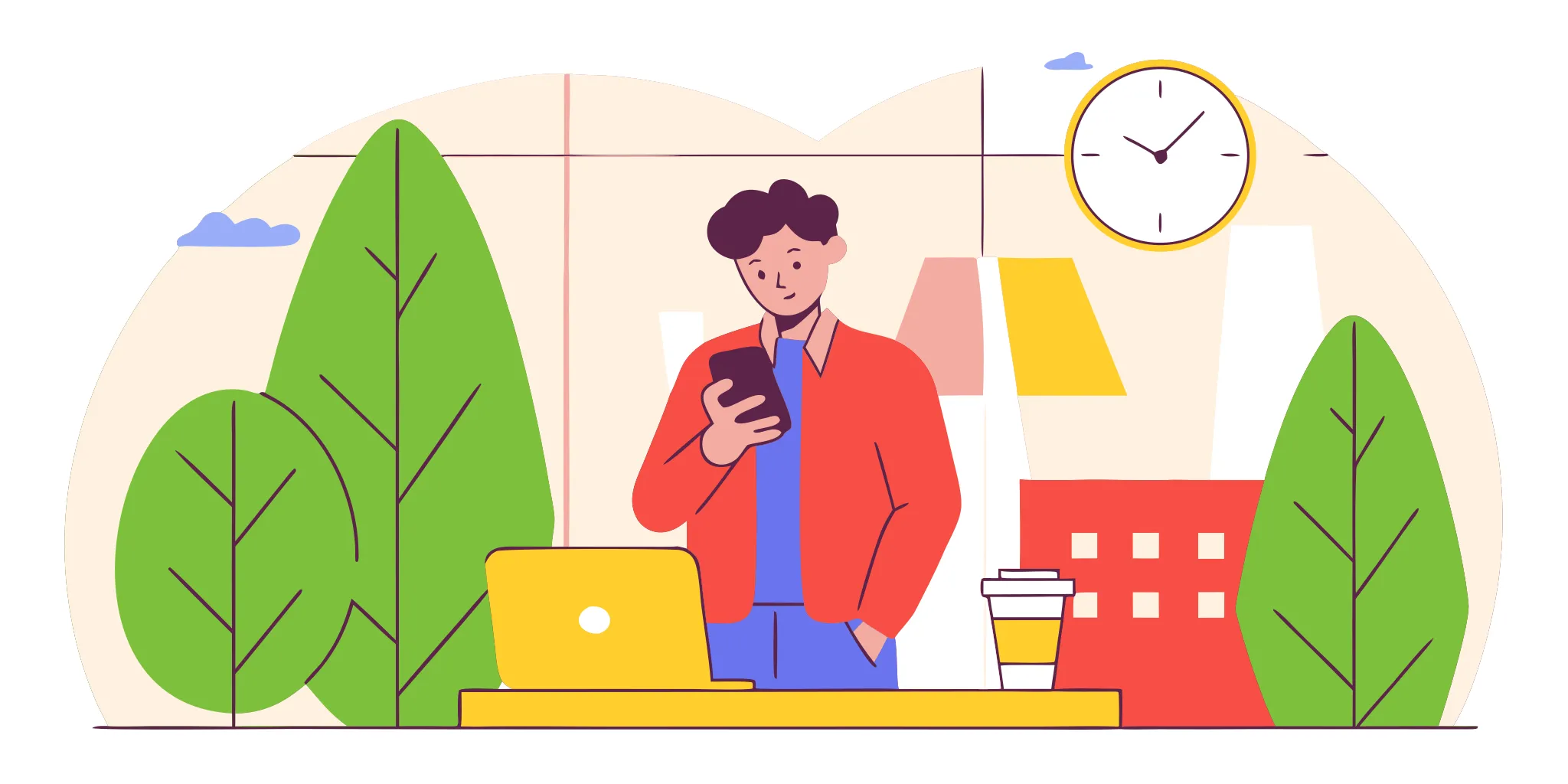 Busy manager reviewing a 5-day leadership sprint plan on their phone during a coffee break in a modern office