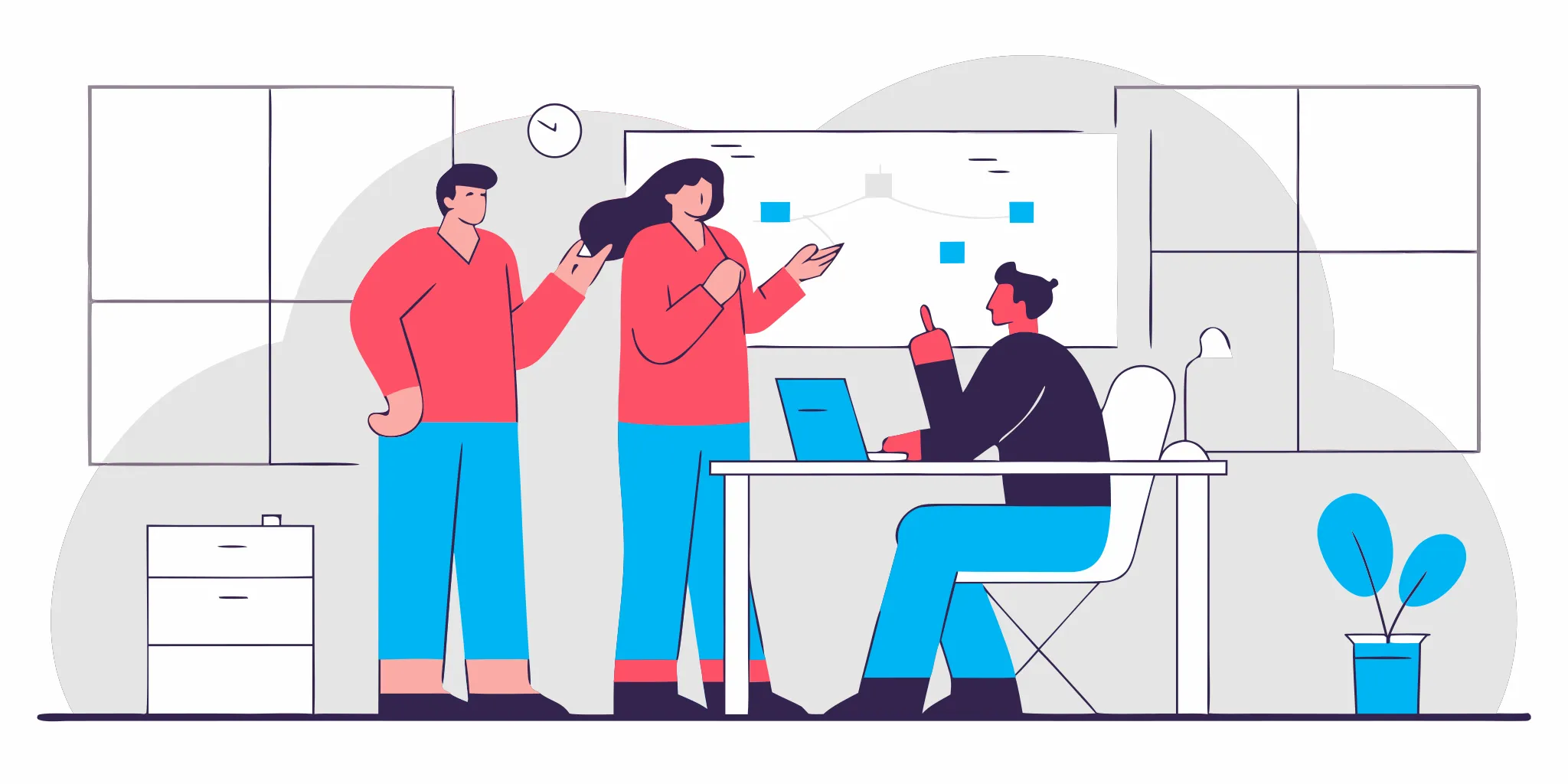 A manager collaborating with her team around a whiteboard with strategic plans and diagrams in a bright modern office