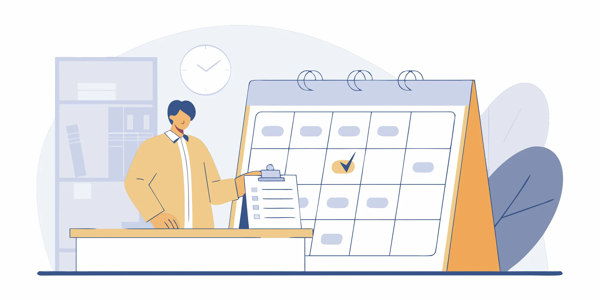 Leader at a standing desk reviewing a weekly planner in a bright organized office