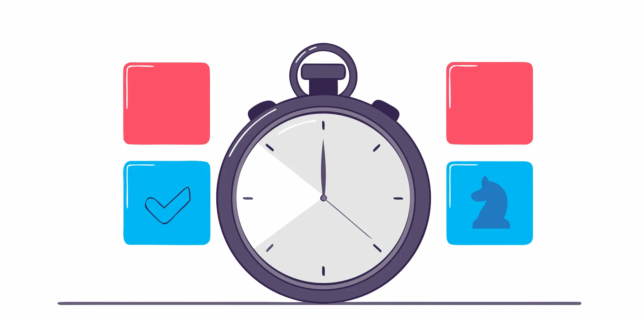 A stopwatch and app icons for a 2-minute leadership training app.