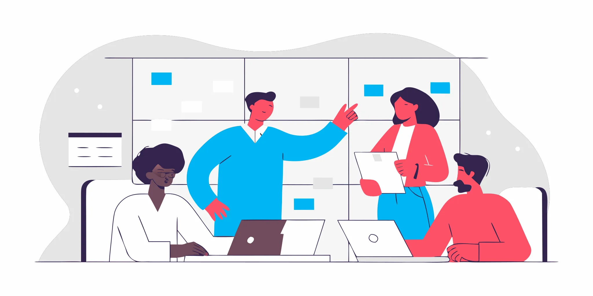 Manager coaching a cross-functional agile team in a bright modern office