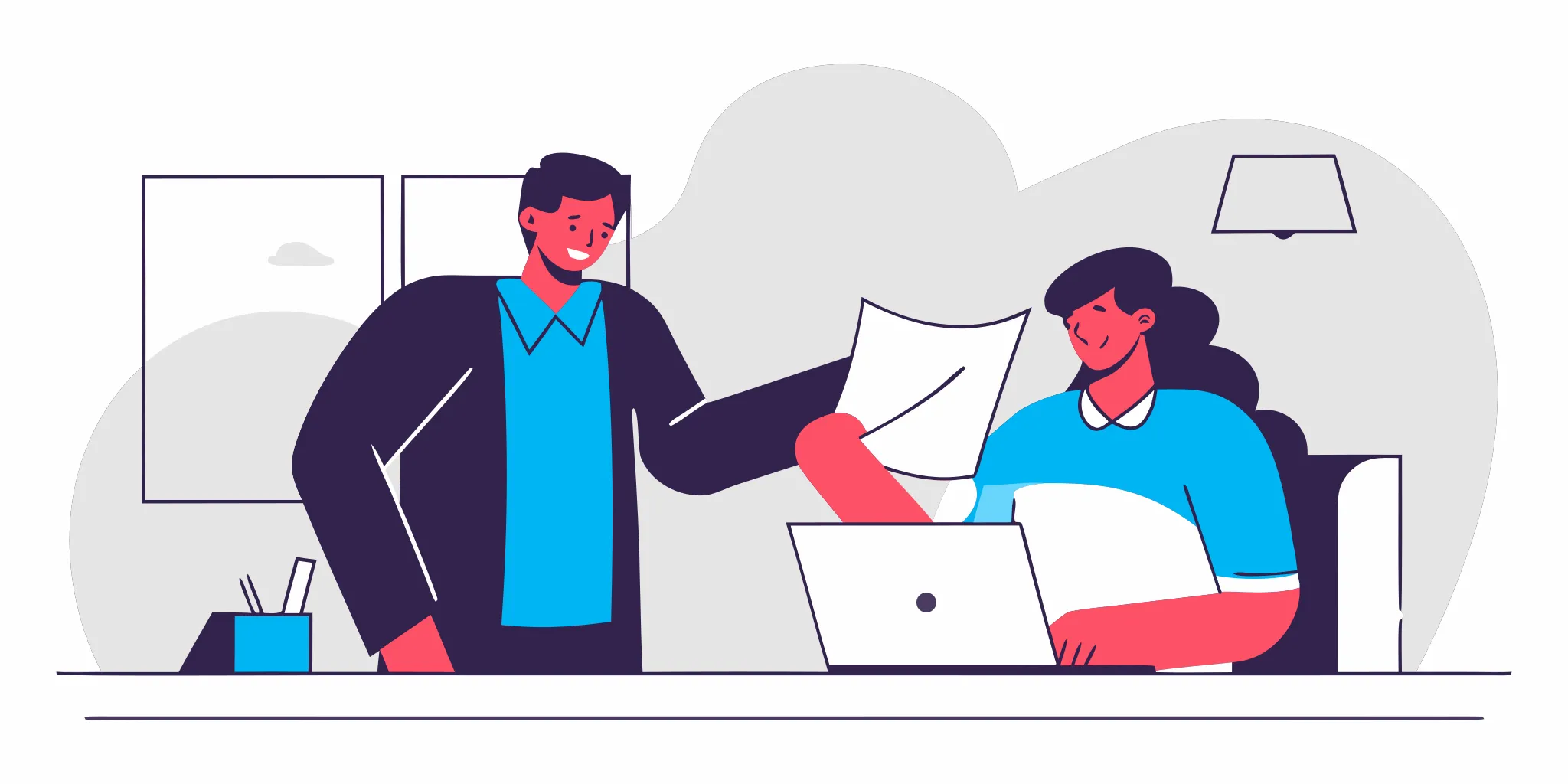 A manager coaching a team member at a bright modern office, handing over a project with a trusting gesture