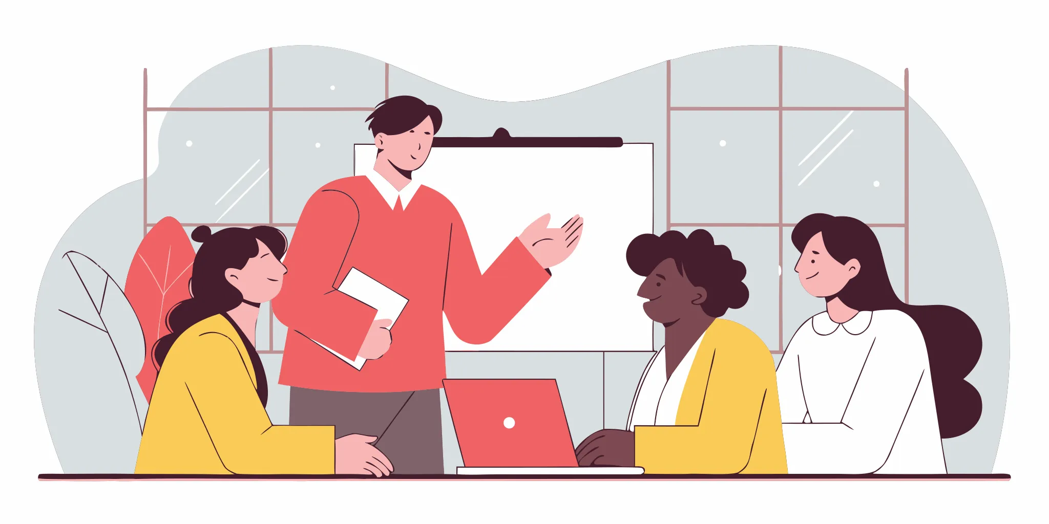A team in a bright conference room practicing active listening during a leadership discussion