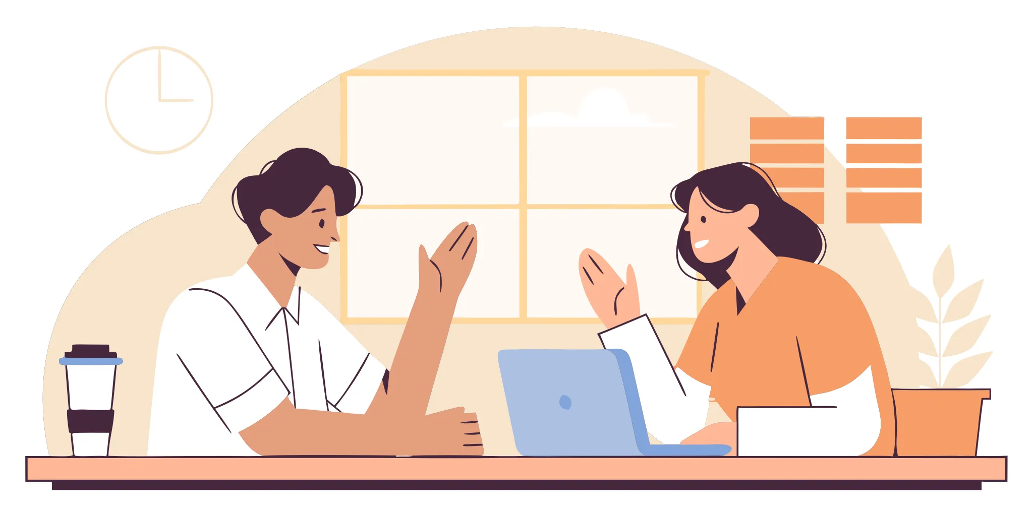 A manager and a colleague having a calm feedback conversation in a bright office