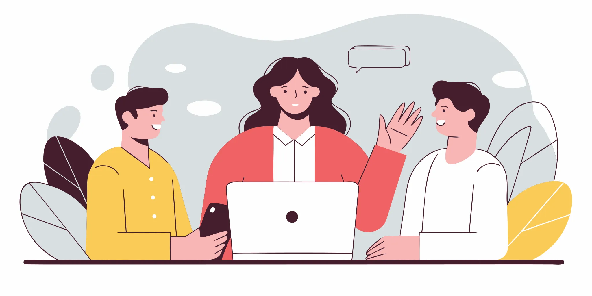 A confident newly promoted team leader talking with a small team in a bright modern office