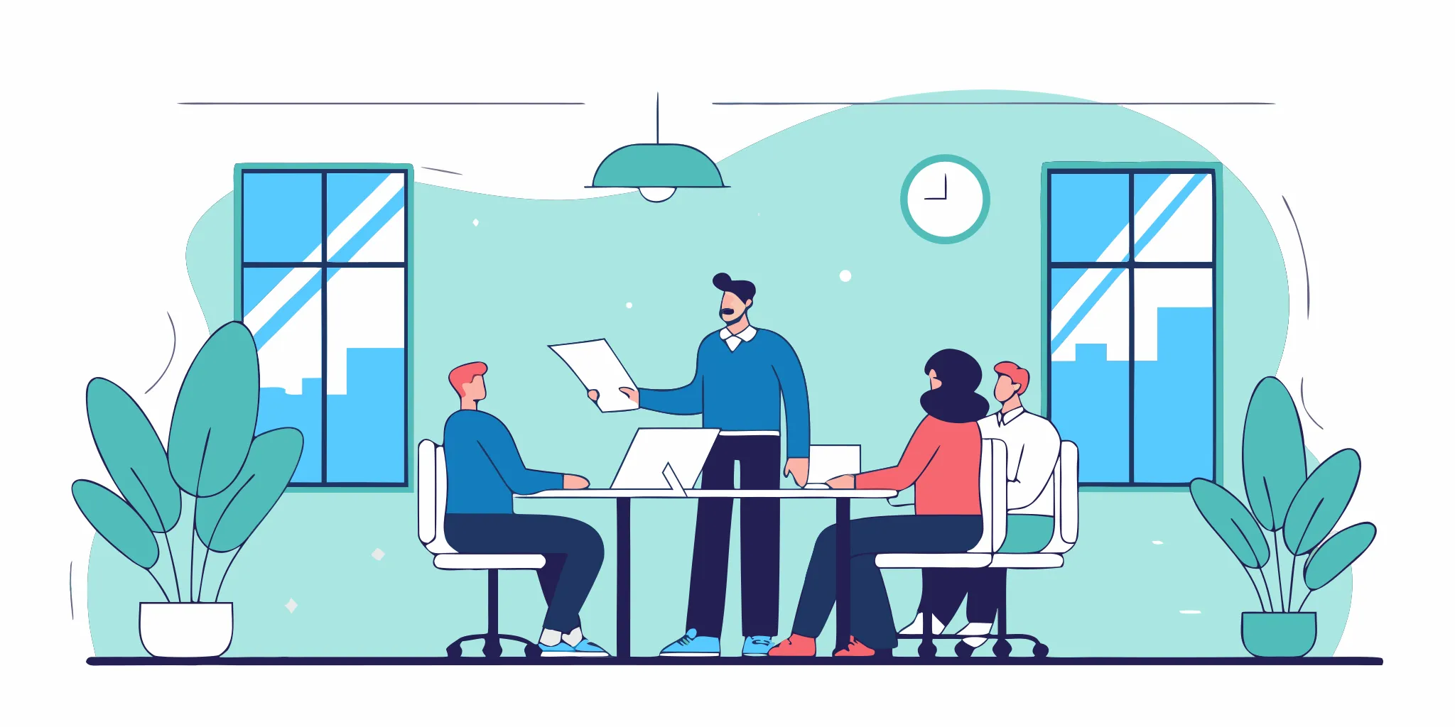 Manager leading a team discussion in a bright modern office