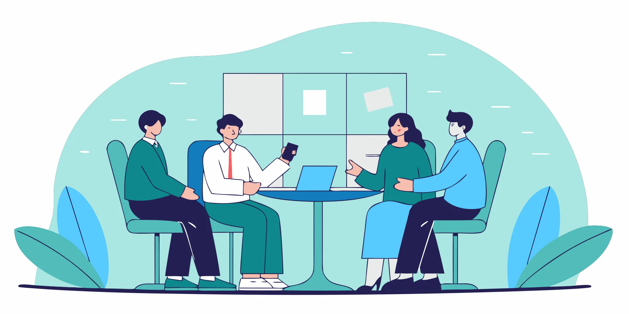 Peer-learning group discussing leadership skills with an AI coaching app