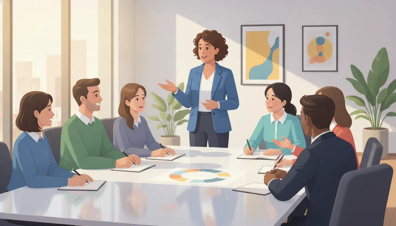 A manager leading a collaborative team discussion in a bright modern office