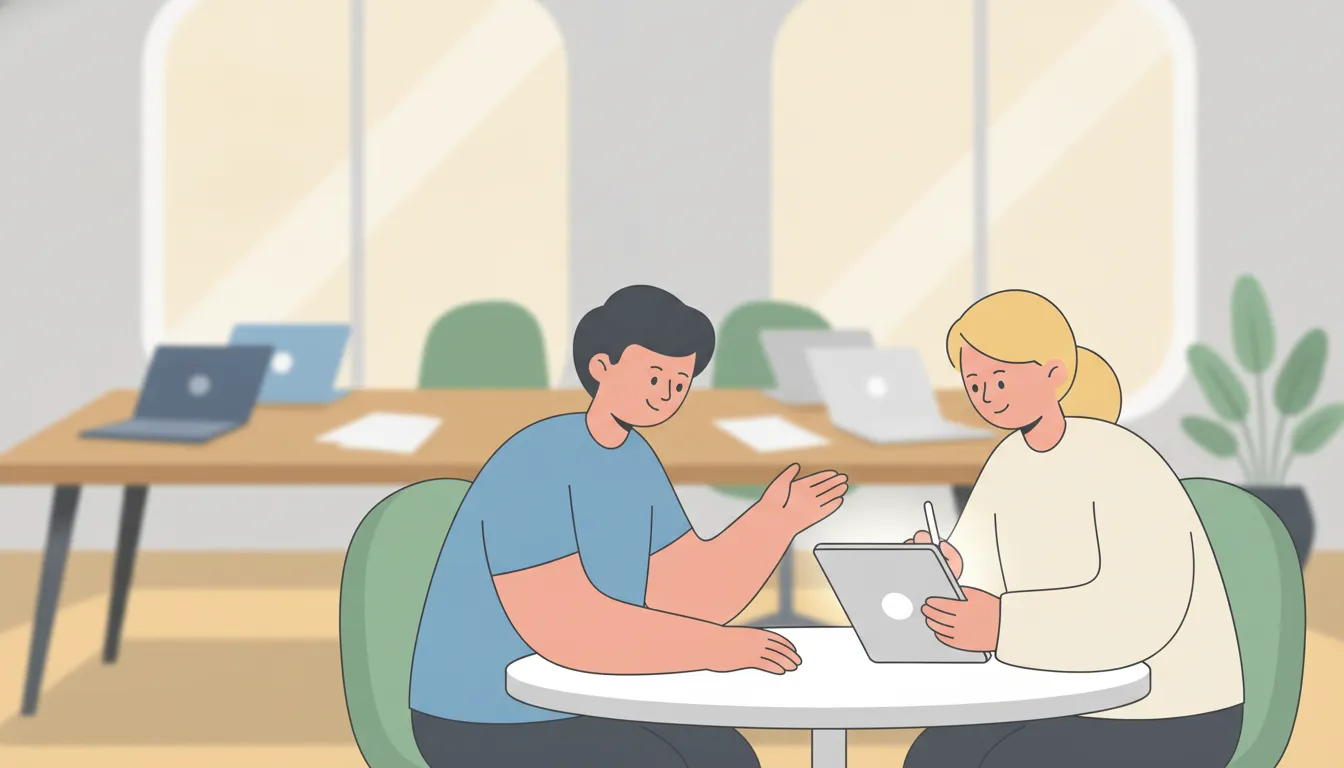 Two managers reviewing progress notes together in a bright modern office