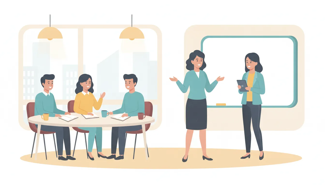 A new manager coaching a colleague in a bright modern office