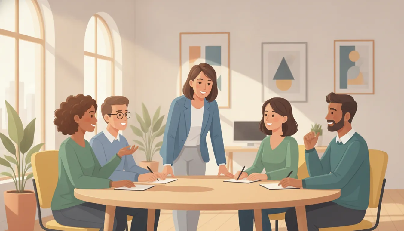 A manager coaching a small cross-functional team during a collaborative leadership session.