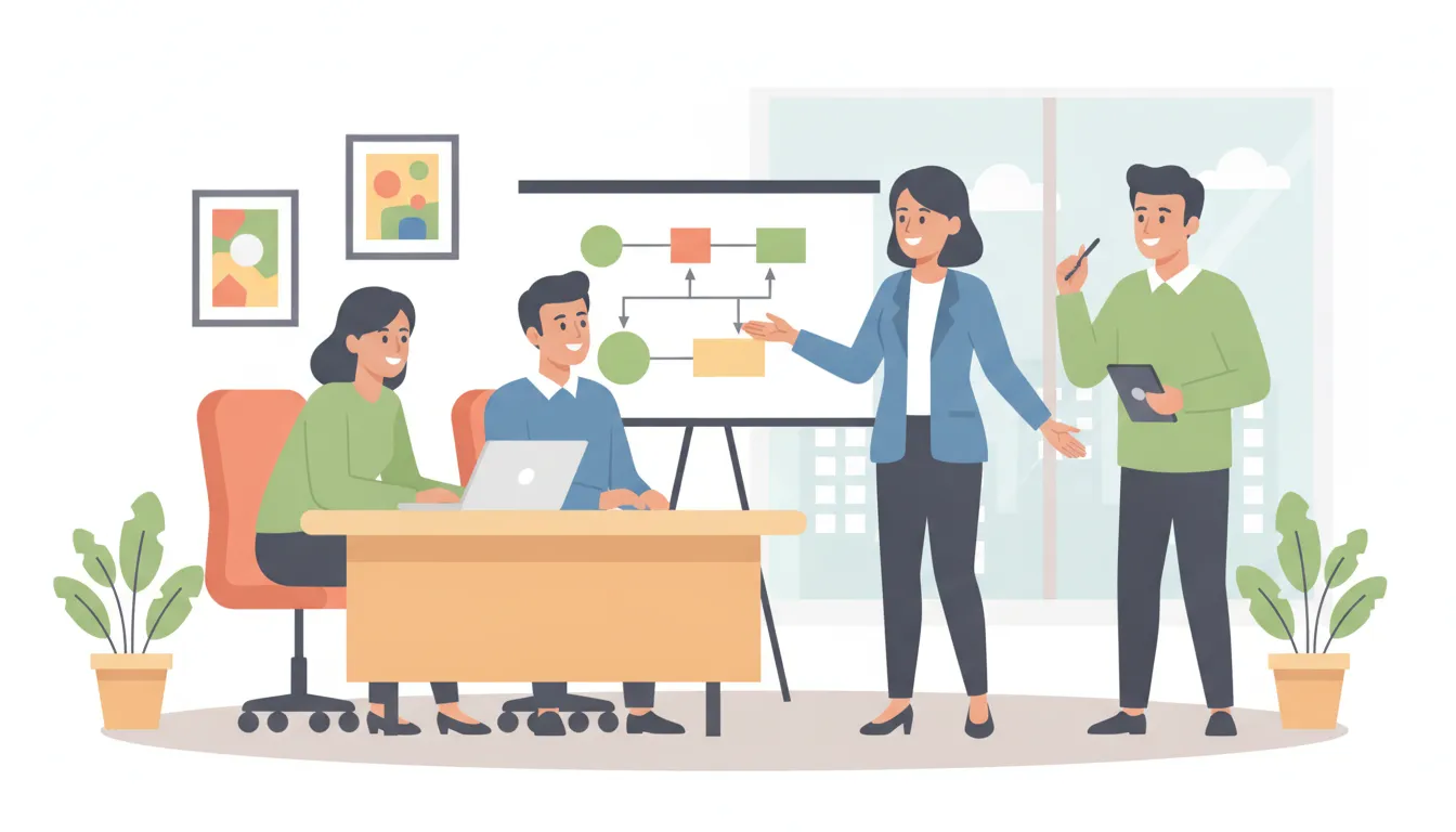 Manager giving constructive feedback to a small team in a bright modern office