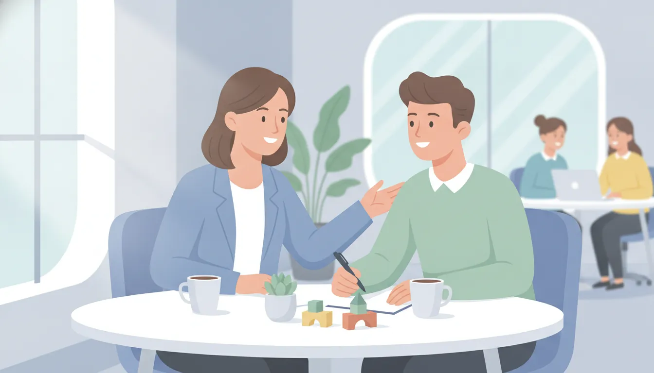 A first-time manager coaching a team member through a one-on-one development conversation in a bright modern office.