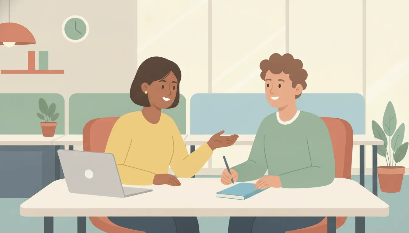 A new manager having a supportive conversation with a team member in a bright office