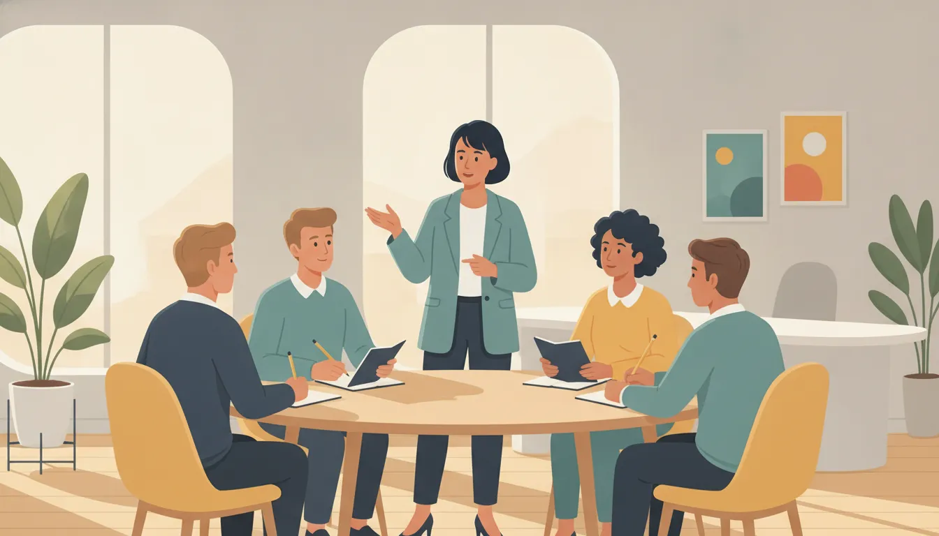 Manager leading a group discussion during an in-person leadership workshop in a bright modern office