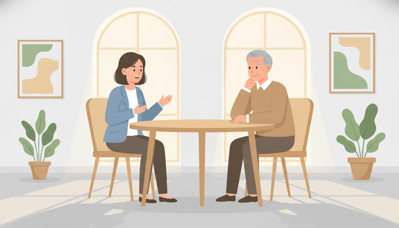 A manager in a thoughtful coaching conversation with a mentor in a bright modern office
