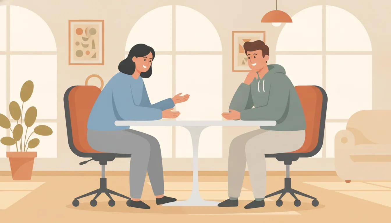 Leader coaching a colleague in a modern office during a one-on-one conversation