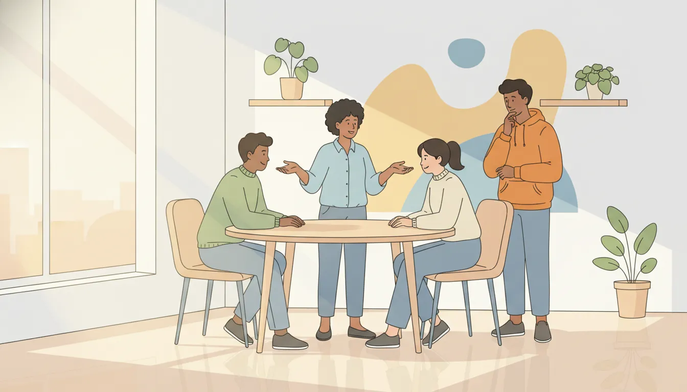 Leader guiding a small team through a coaching conversation in a bright meeting space