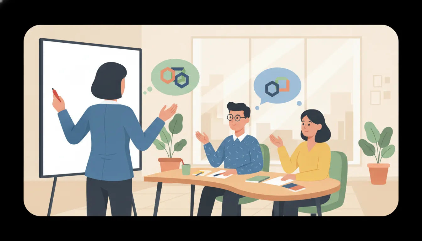 A mid-level manager facilitating a small team workshop in a bright modern office
