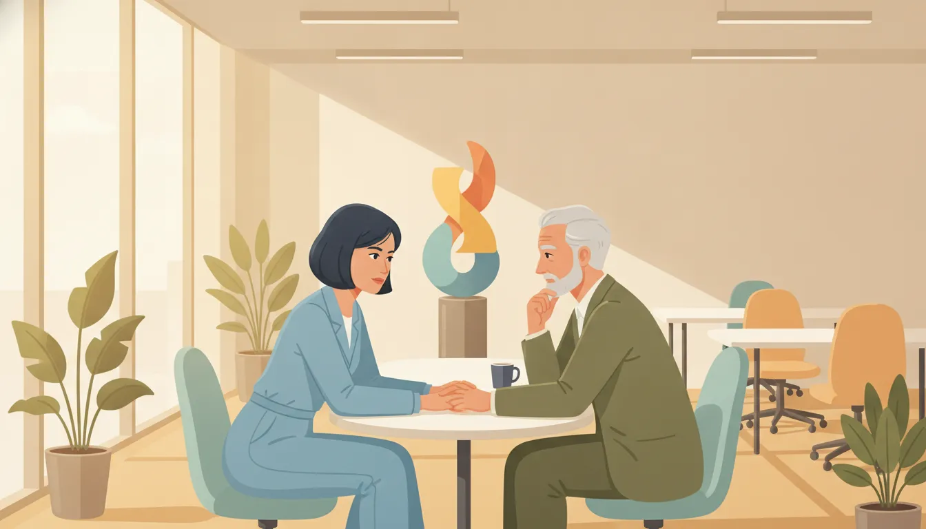 A manager in a coaching conversation with a mentor in a bright modern office