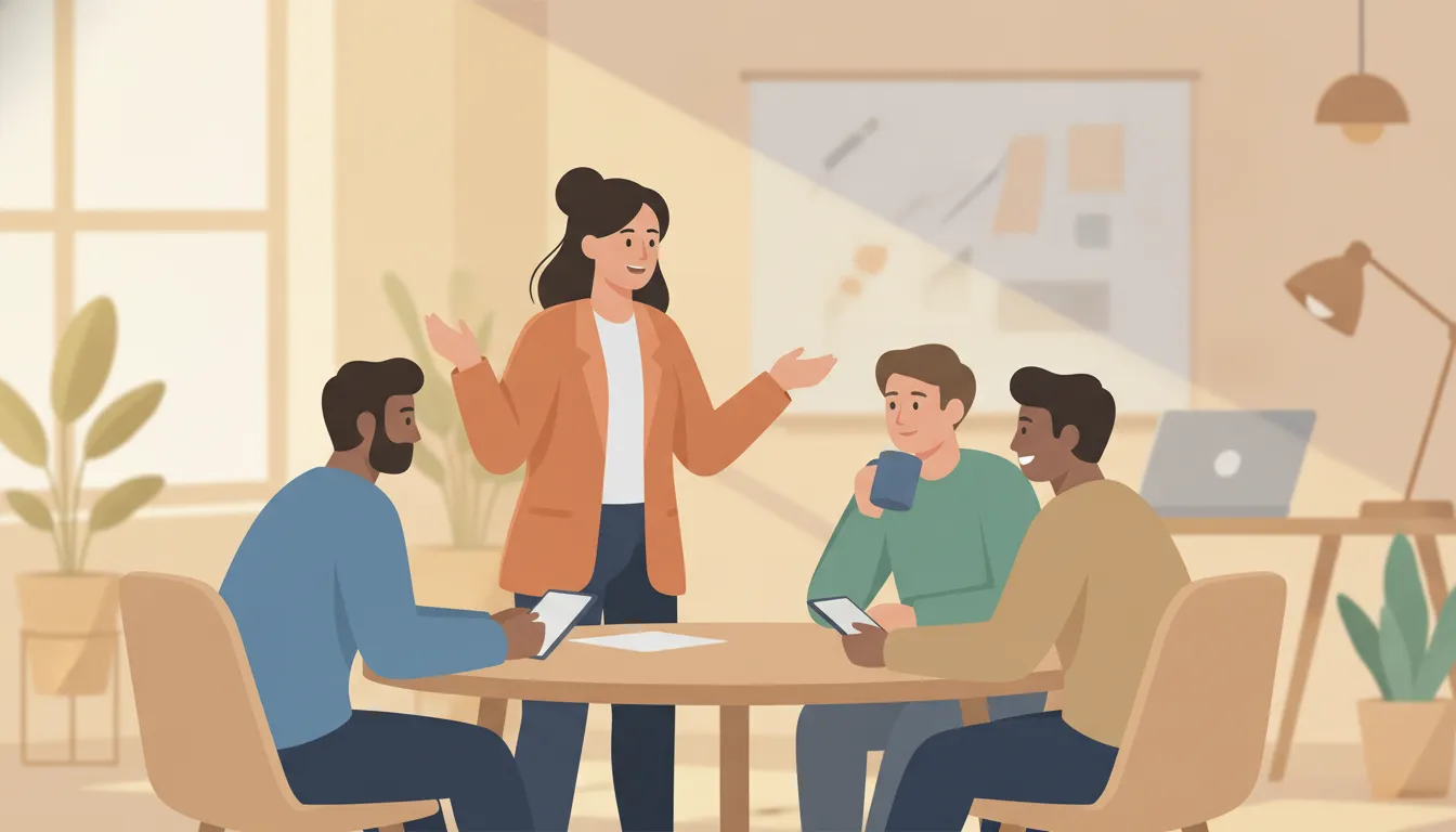 A team leader guiding professionals through a collaborative strategy discussion in a bright modern workspace