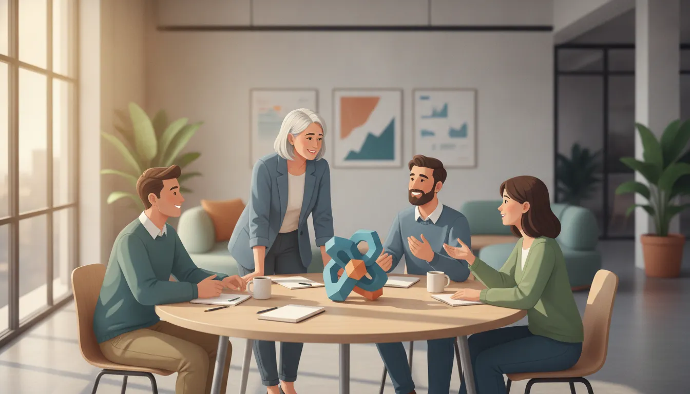 Senior manager guiding a strategic team discussion in a bright modern office