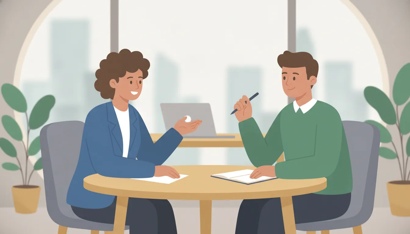 A leadership coach guiding a manager through a development conversation in a bright modern office