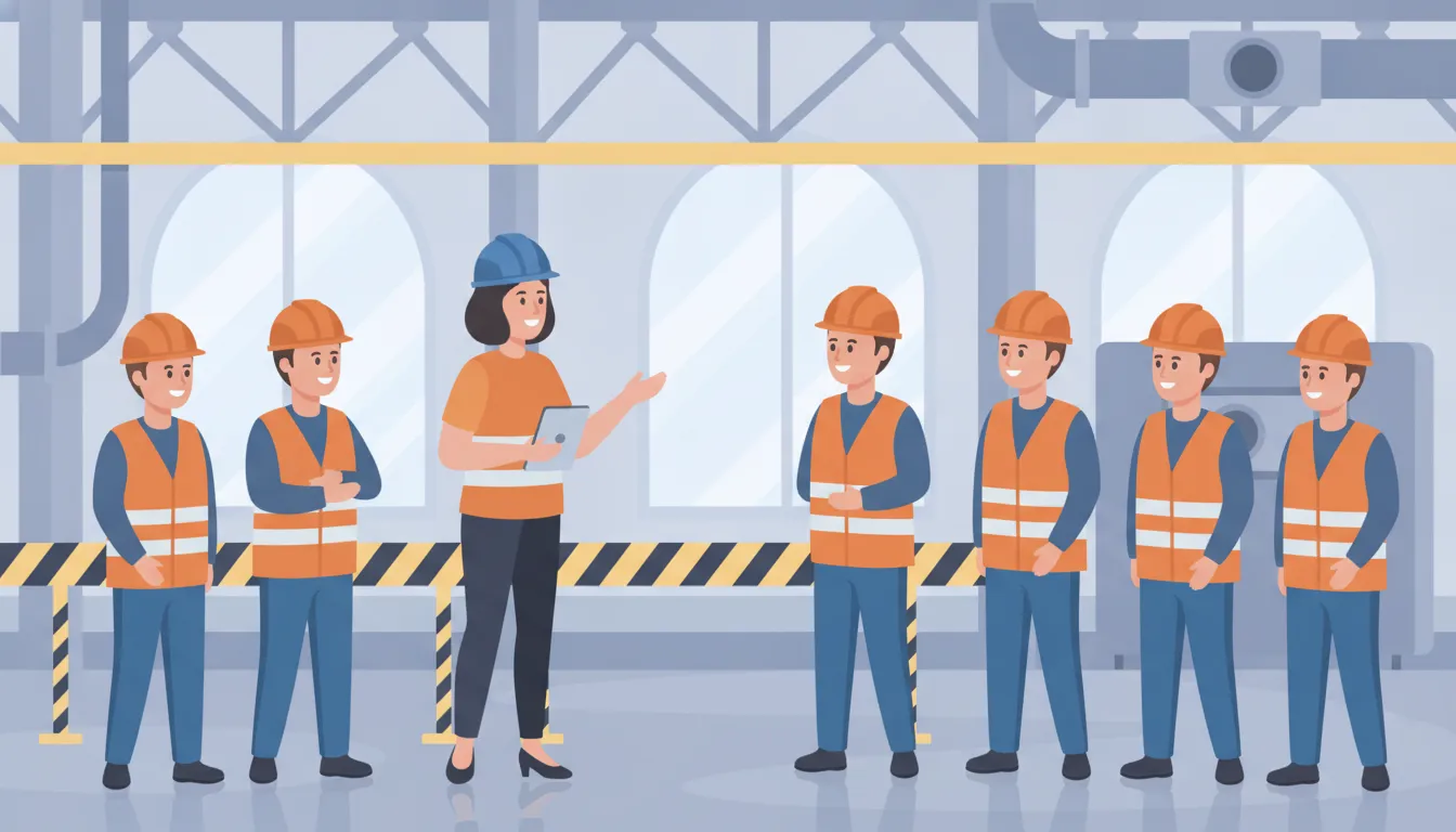 Plant manager leading a safety team briefing in a bright industrial workplace