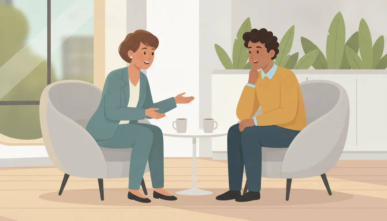 A team leader coaching an engaged employee during a one-on-one conversation in a bright modern office