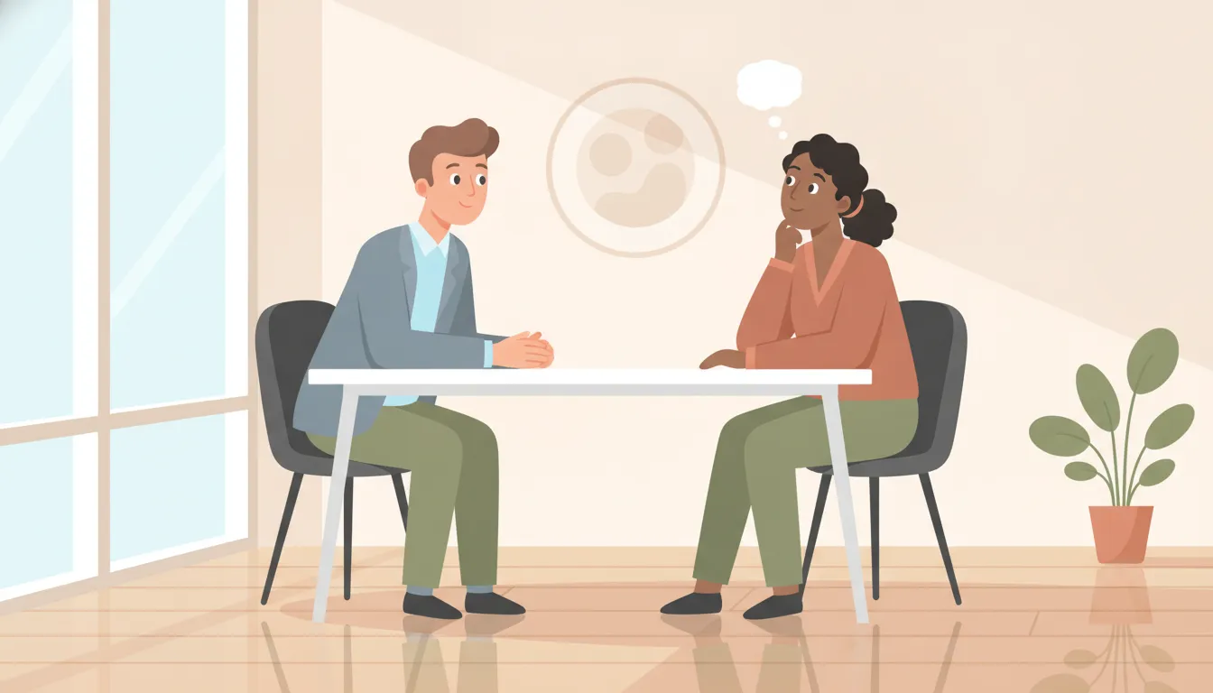 A manager giving focused feedback to an employee during a one-on-one meeting at a desk