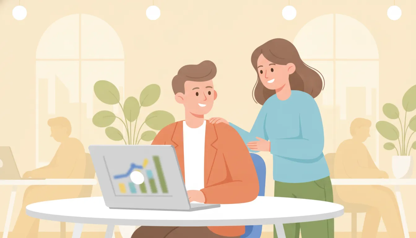 A sales manager reviewing performance trends on a laptop beside a direct report in a supportive one-to-one conversation