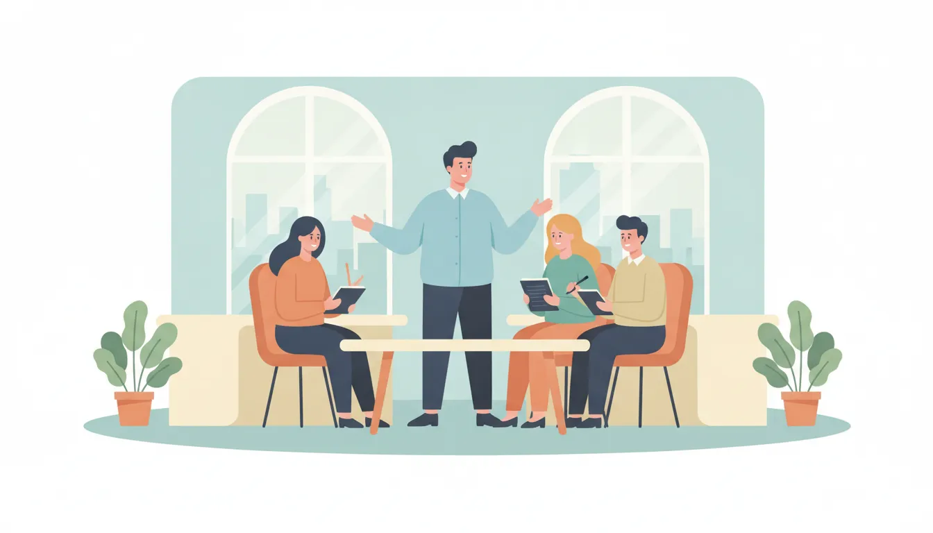 Manager leading a team leadership training workshop in a modern office