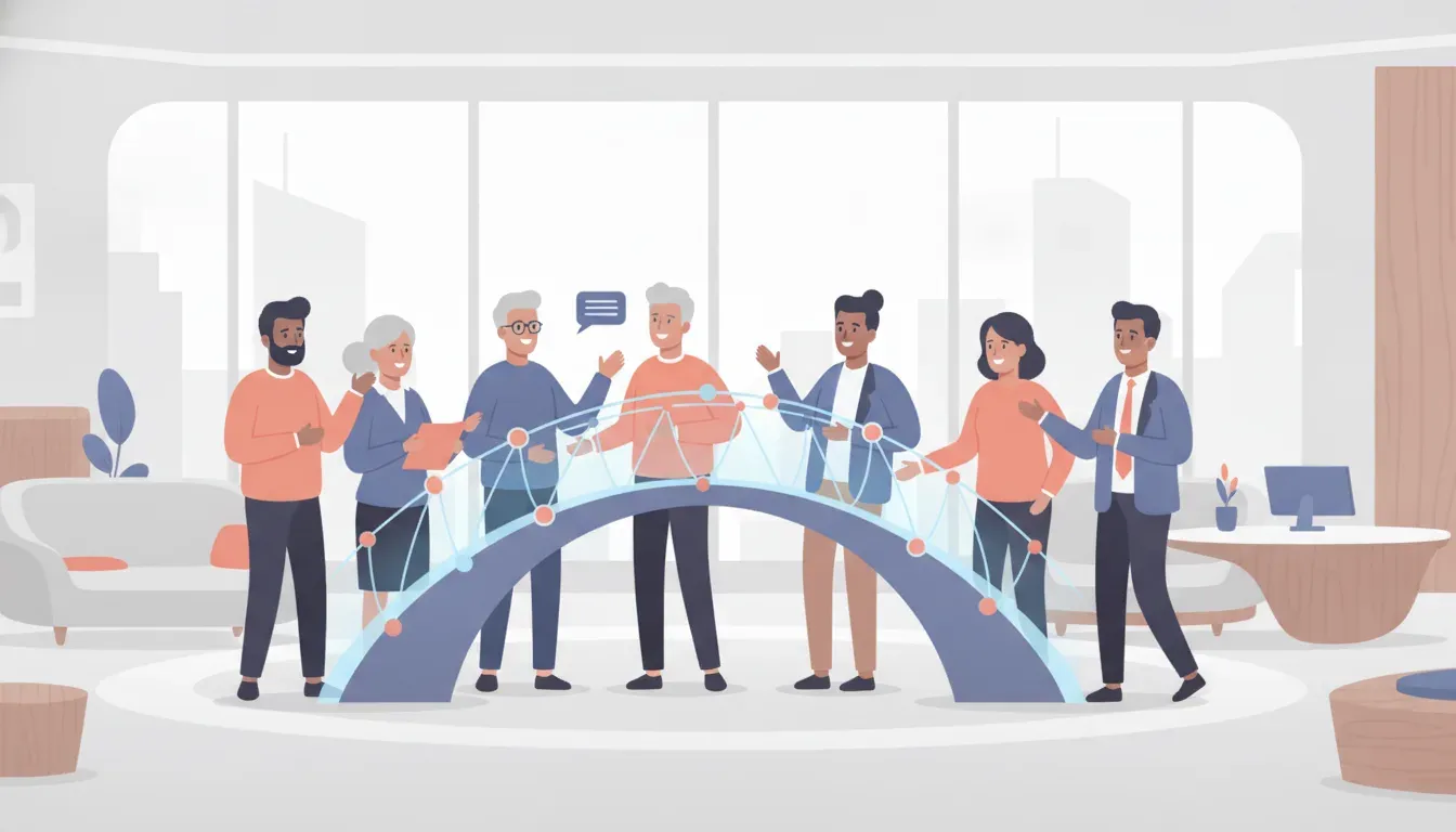 Senior managers collaborating across a connected digital transformation bridge in a modern office