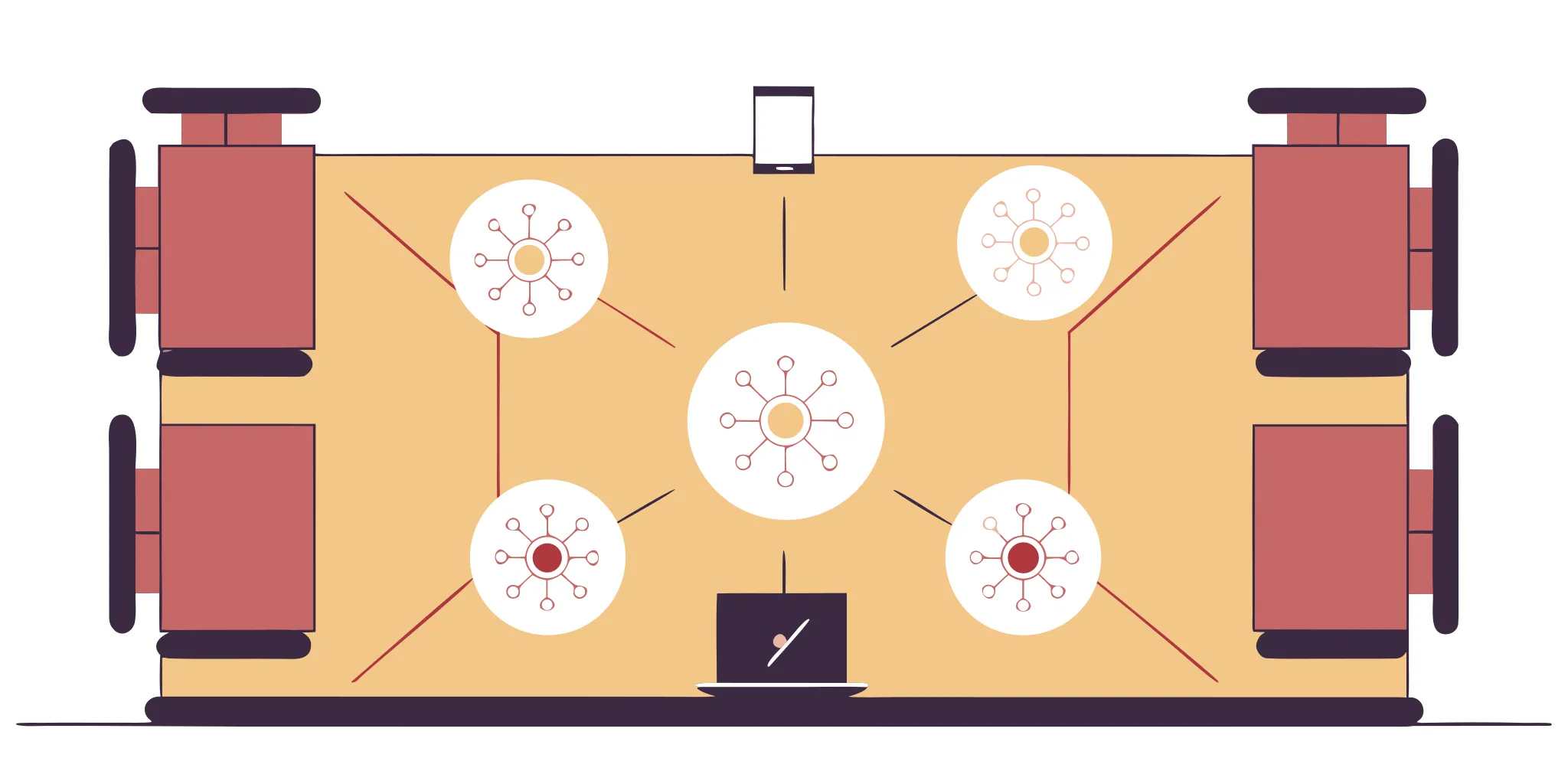 An AI coach for workplace communication connecting people in a meeting room via network icons.