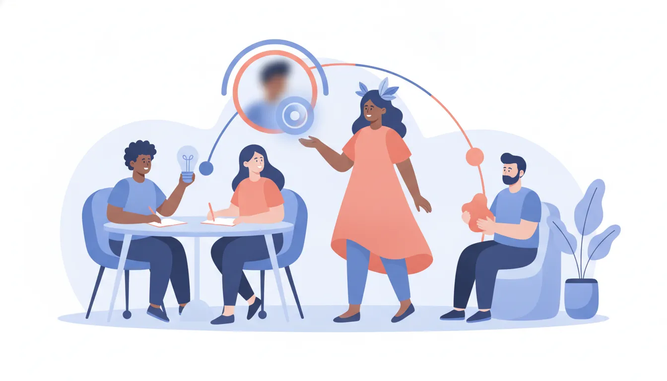Manager coaching a hybrid team across office and remote workspaces