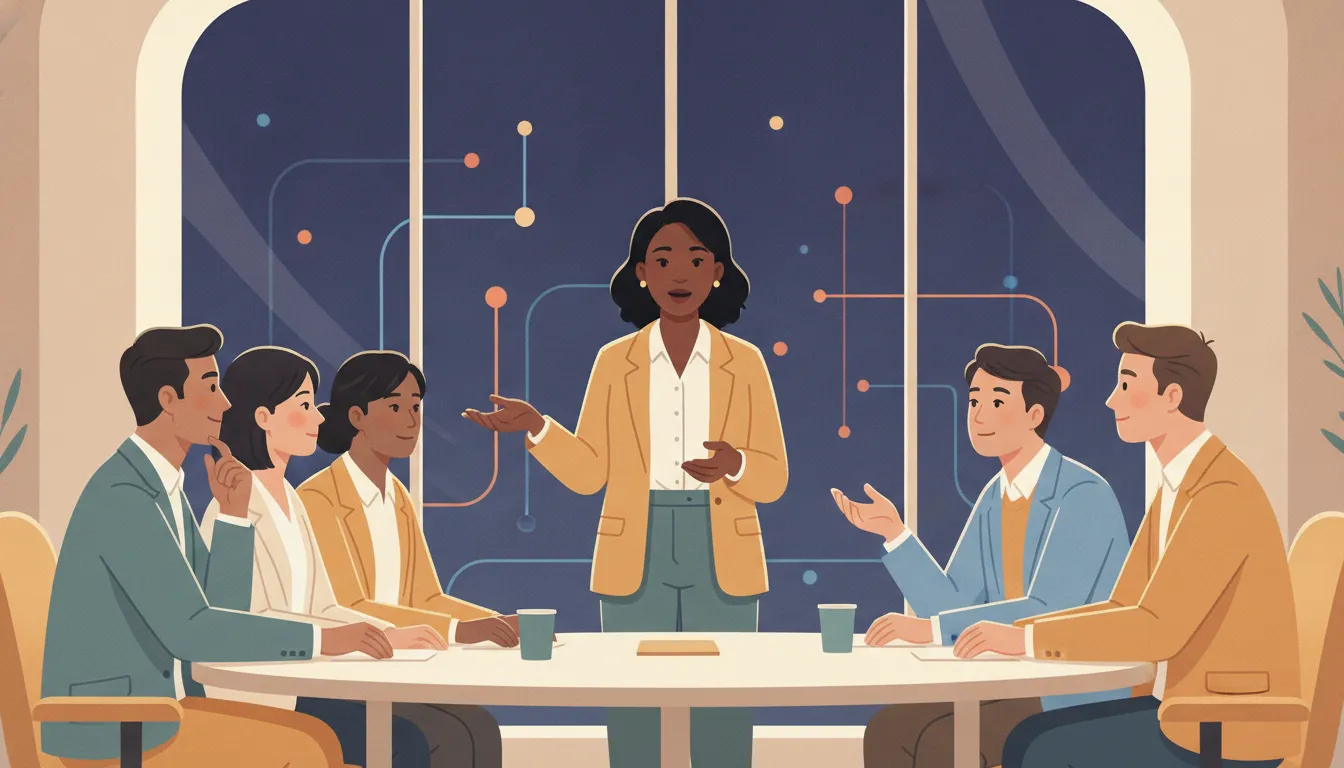 Managers discussing responsible AI use in a collaborative office