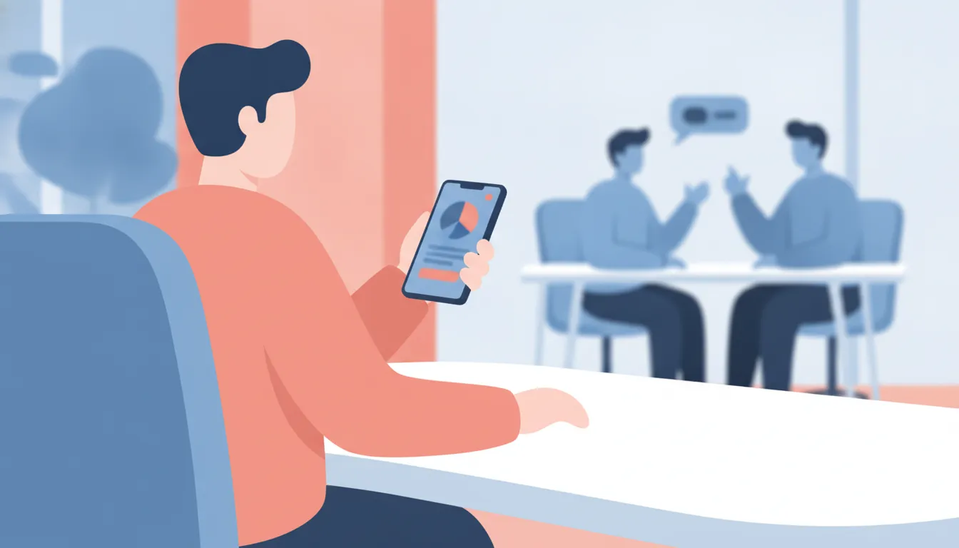 Manager reviewing a leadership coaching app before a team conversation